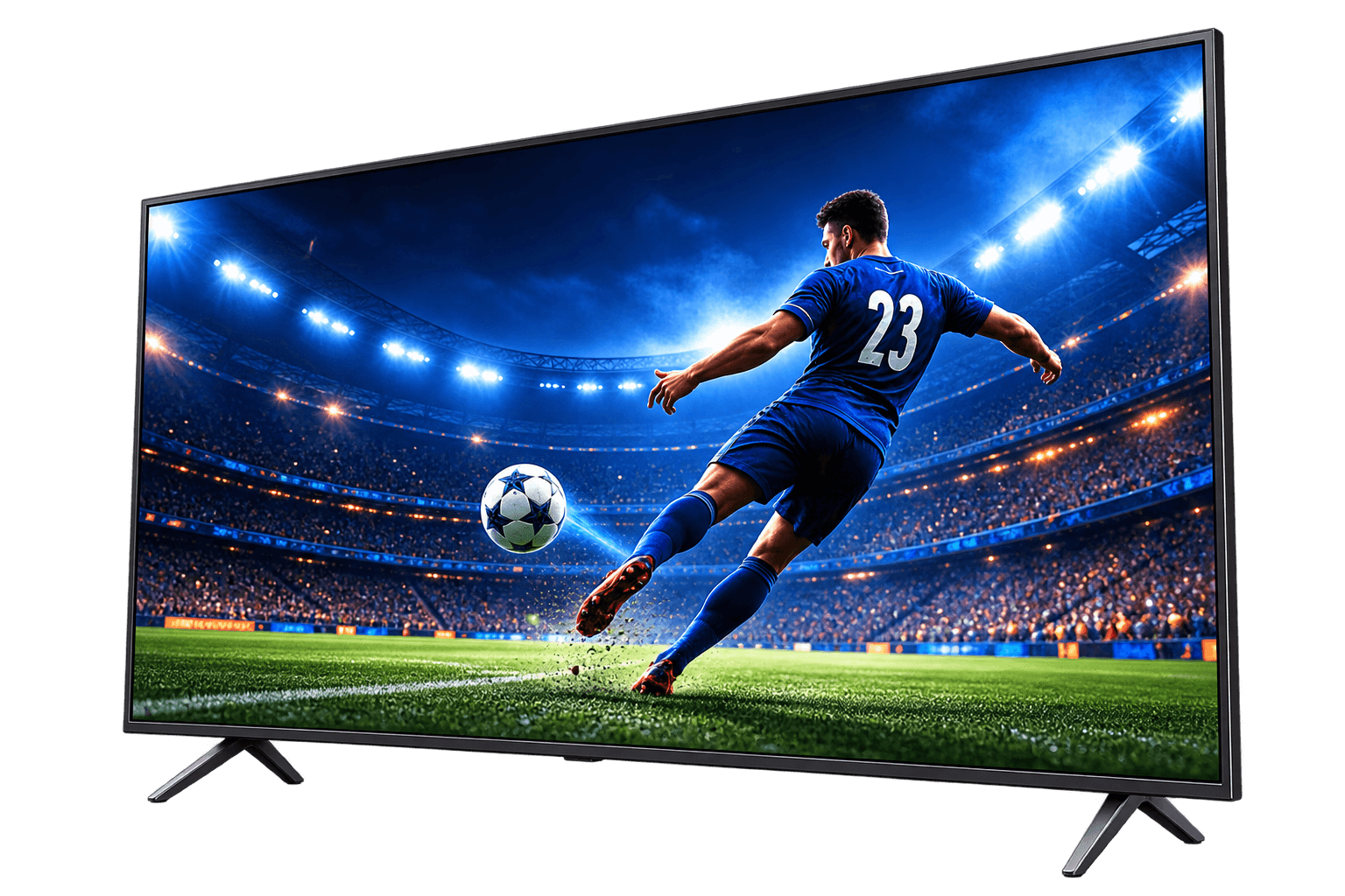 A modern smart TV displaying a live sports broadcast in vivid quality, representing the Xtreamers TV streaming experience