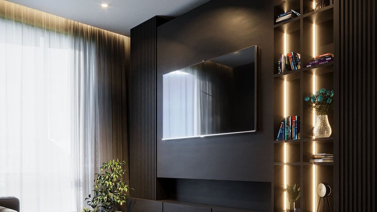 Modern television in a stylish living room used for browsing a live channel guide