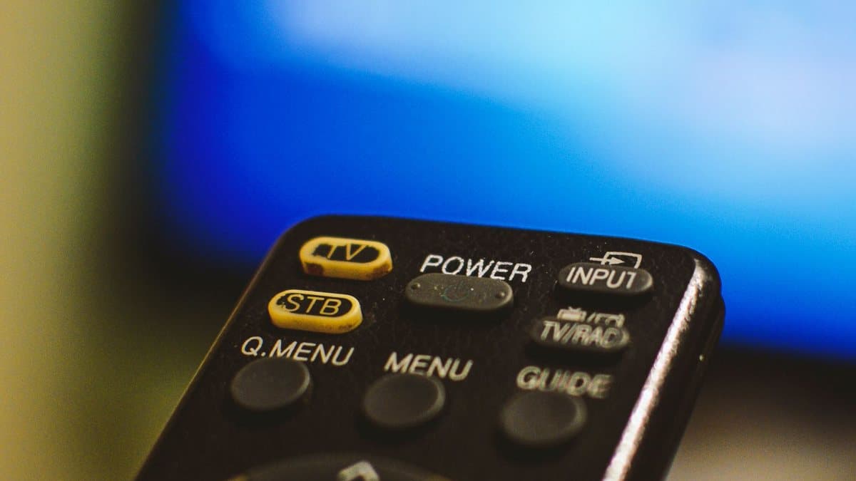 Hand holding a streaming remote control with a television in the background